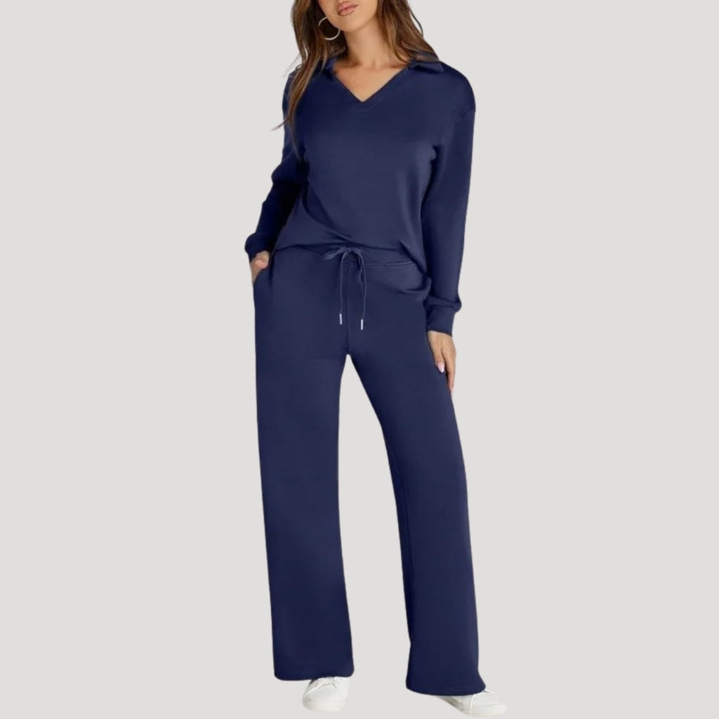 Women’s Knit Lounge Set V Neck Top Wide Leg Pants