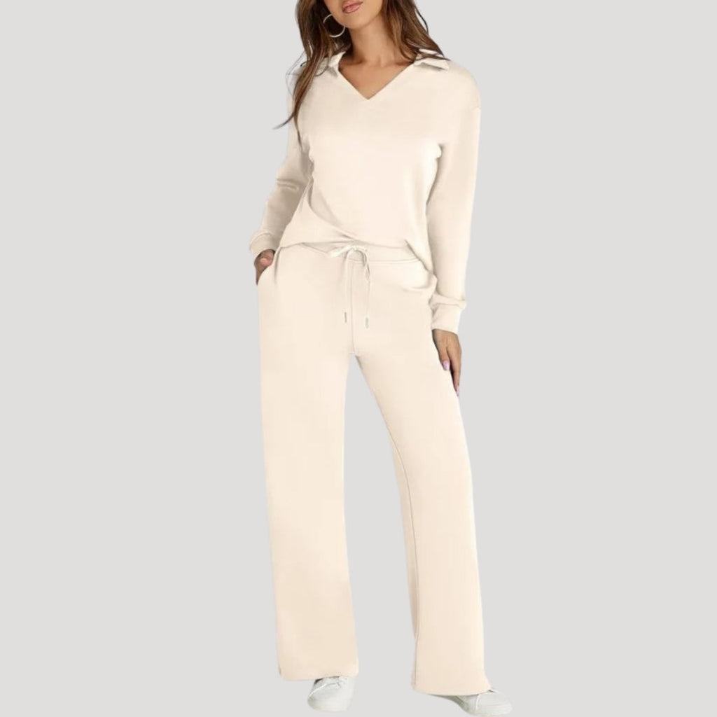Women’s Knit Lounge Set V Neck Top Wide Leg Pants