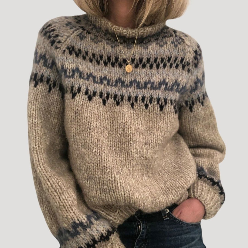 Women’s Oversized Knit Sweater High Neck Nordic Pattern Pullover