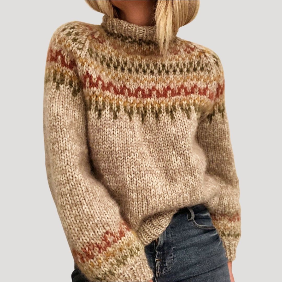 Women’s Oversized Knit Sweater High Neck Nordic Pattern Pullover