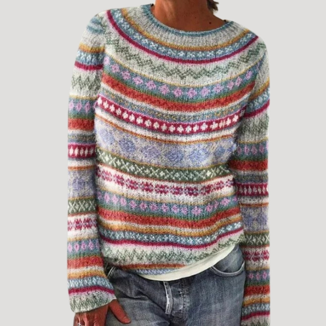 Women’s Pattern Knit Sweater Relaxed Fit Crewneck Pullover Top