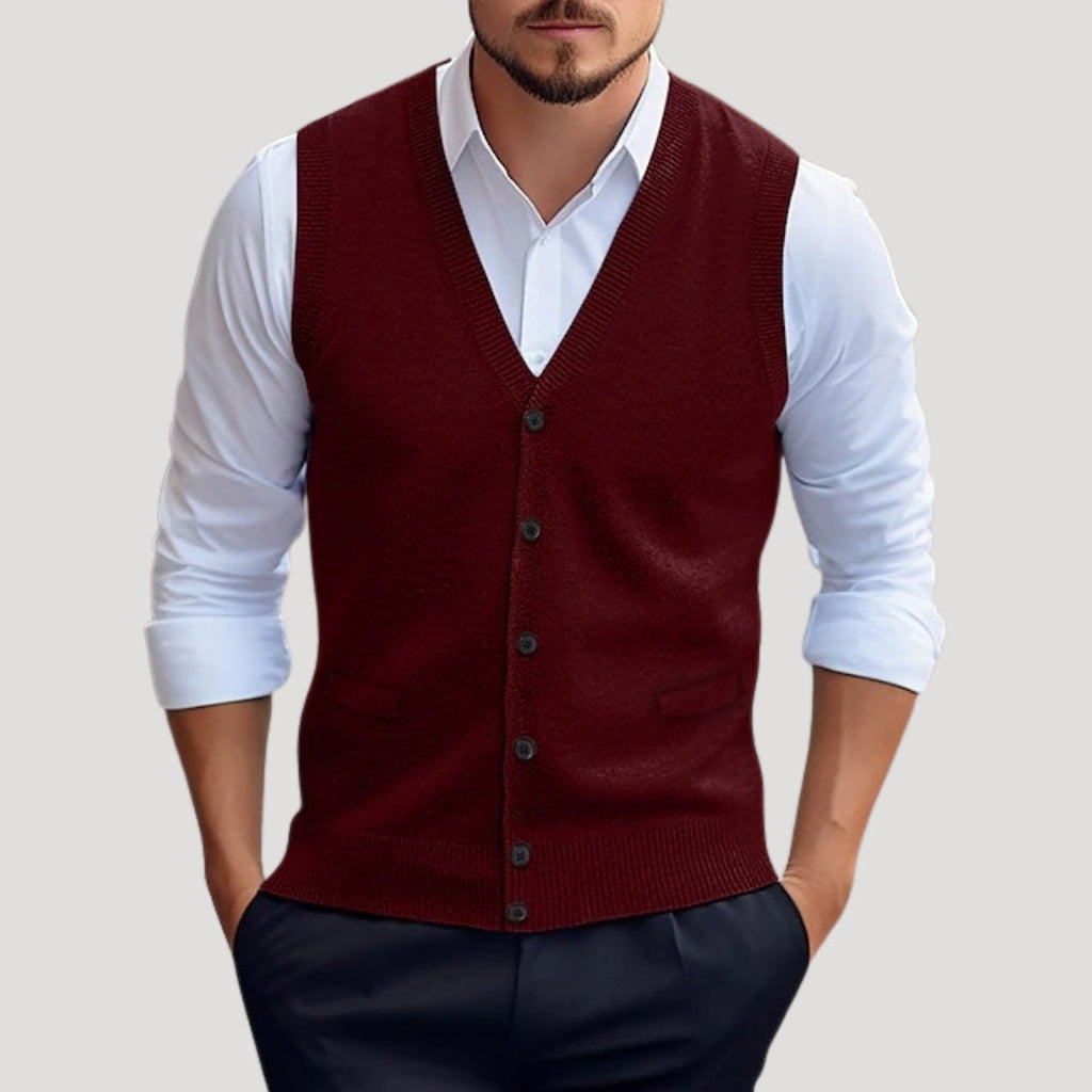 Men Knitted V Neck Vest Button Front Smart Casual