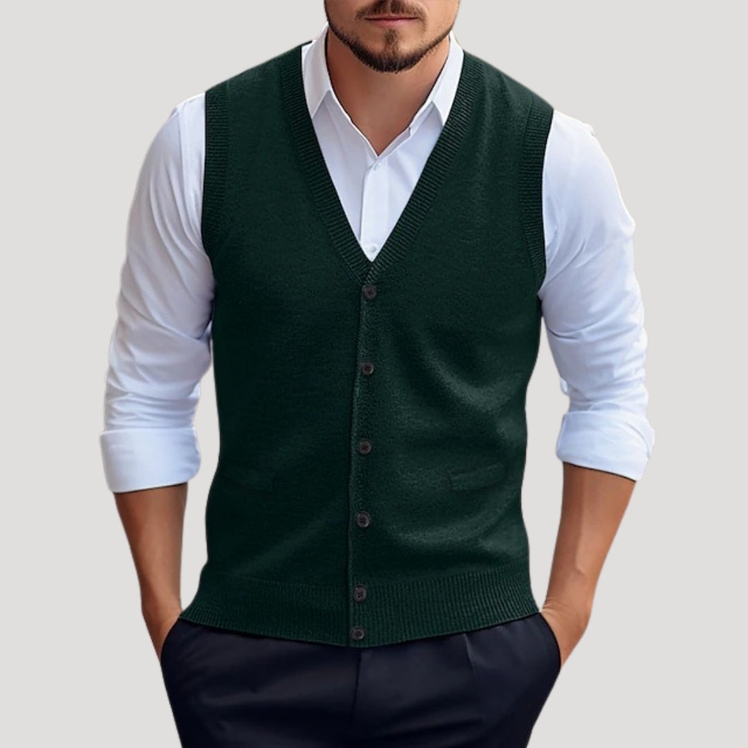 Men Knitted V Neck Vest Button Front Smart Casual