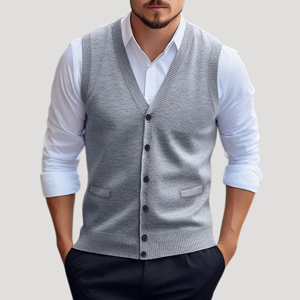 Men Knitted V Neck Vest Button Front Smart Casual