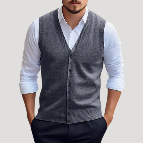 Men Knitted V Neck Vest Button Front Smart Casual