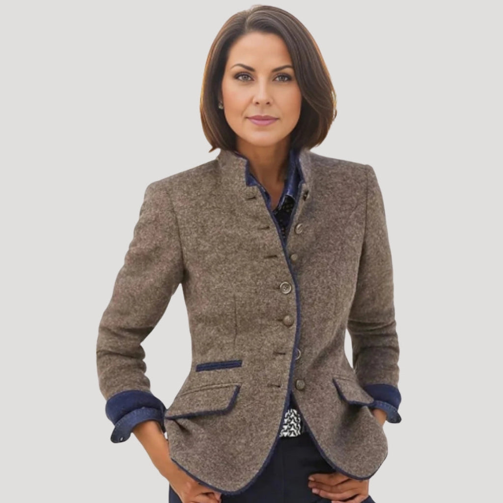 Women Tweed Blazer High Collar Tailored Elegant Smart Jacket