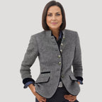 Women Tweed Blazer High Collar Tailored Elegant Smart Jacket