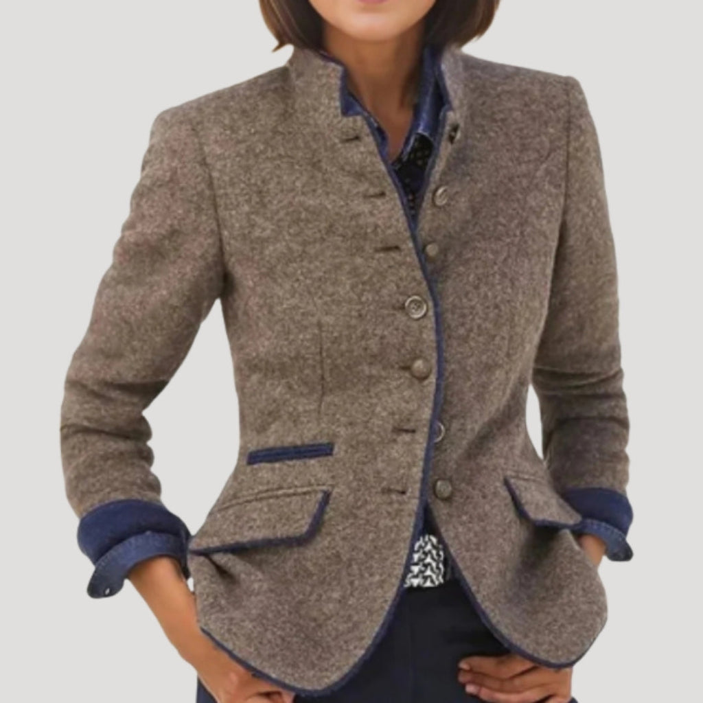 Women Tweed Blazer High Collar Tailored Elegant Smart Jacket