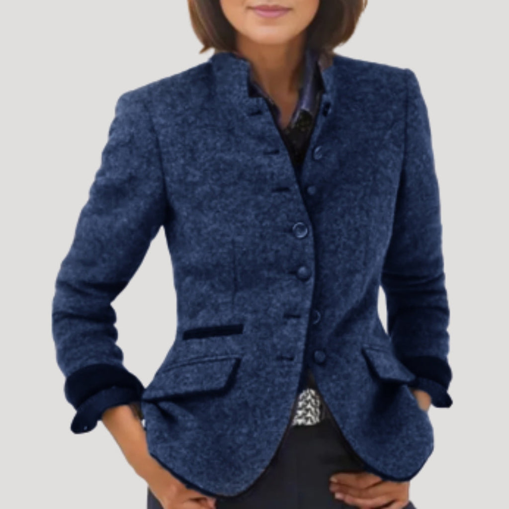 Women Tweed Blazer High Collar Tailored Elegant Smart Jacket