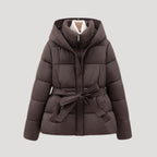 Women Puffer Jacket Hooded Belted Quilted Fit
