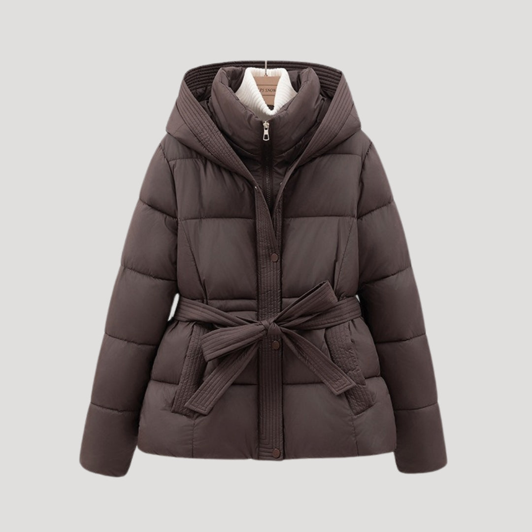 Women Puffer Jacket Hooded Belted Quilted Fit