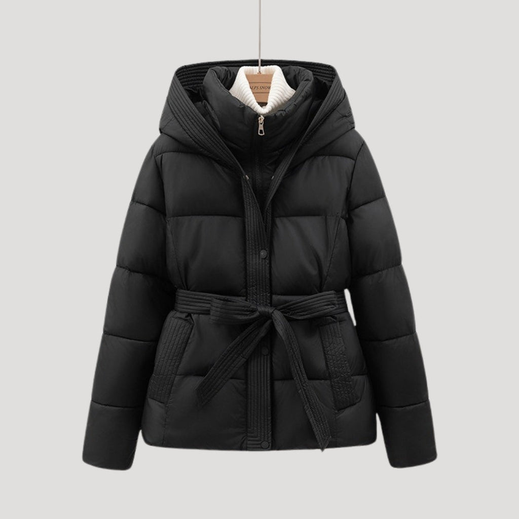 Women Puffer Jacket Hooded Belted Quilted Fit
