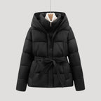 Women Puffer Jacket Hooded Belted Quilted Fit