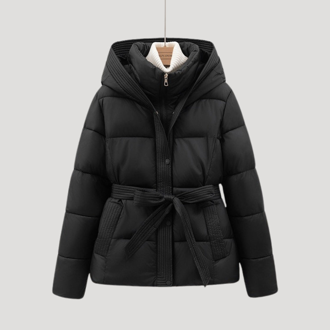 Women Puffer Jacket Hooded Belted Quilted Fit
