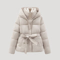 Women Puffer Jacket Hooded Belted Quilted Fit