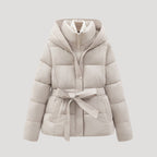 Women Puffer Jacket Hooded Belted Quilted Fit