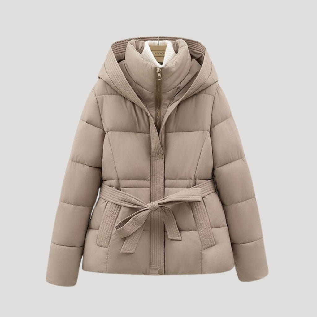 Women Puffer Jacket Hooded Belted Quilted Fit