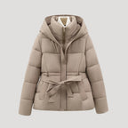 Women Puffer Jacket Hooded Belted Quilted Fit