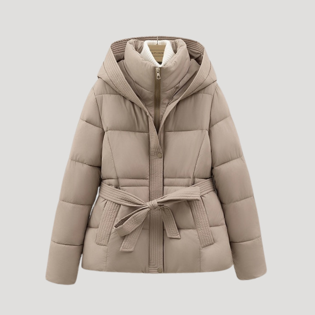 Women Puffer Jacket Hooded Belted Quilted Fit