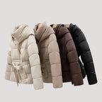 Women Puffer Jacket Hooded Belted Quilted Fit