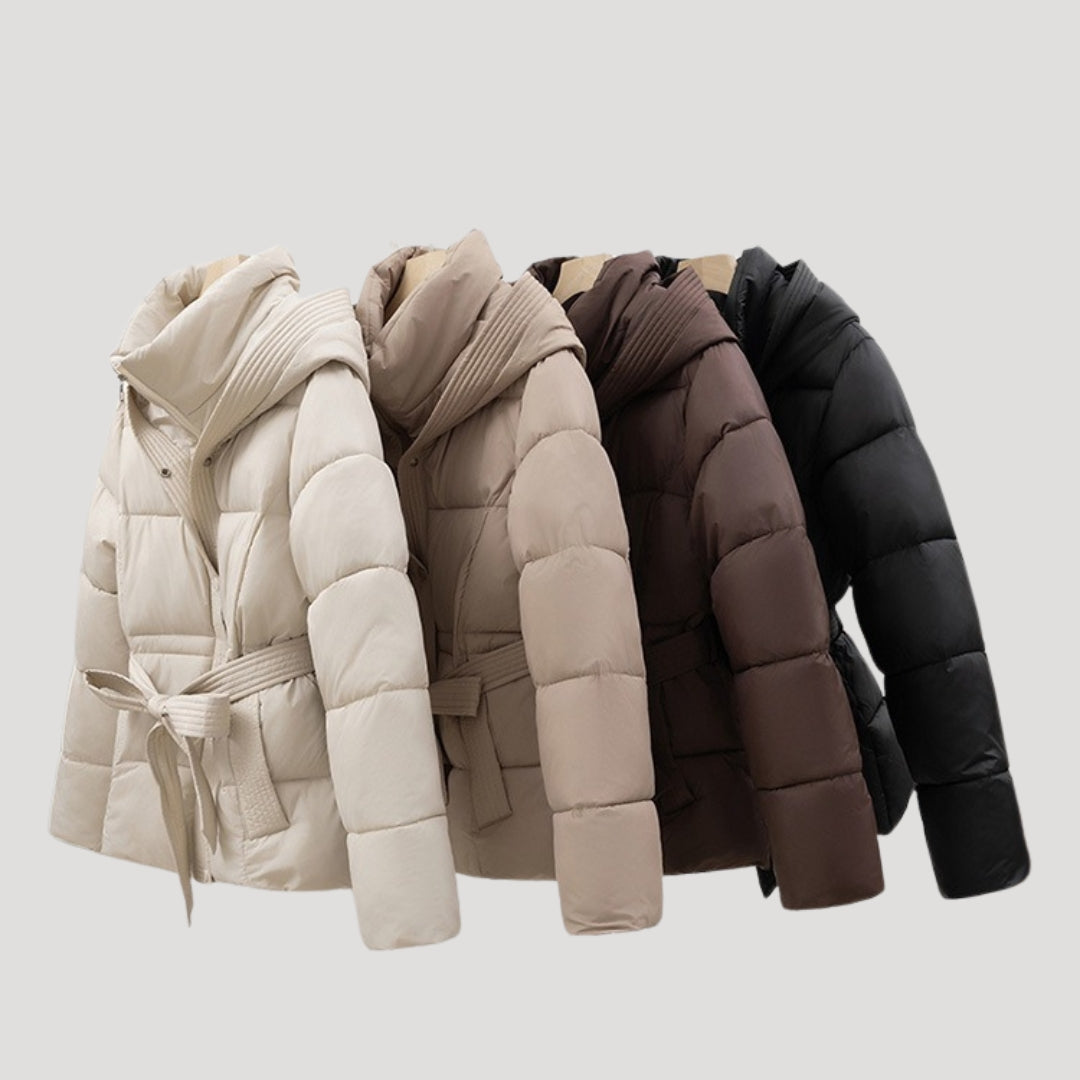 Women Puffer Jacket Hooded Belted Quilted Fit