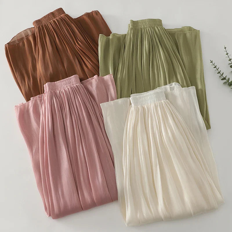 Women’s Pleated Wide Leg Pants Elastic Waist Flowy Lightweight