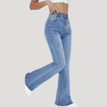 Dámske zvonové džínsy s vysokým pásom modré bootcut džínsy