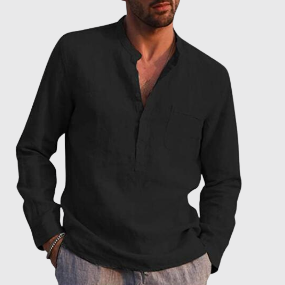 Men Linen Shirt Grandad Collar Long Sleeve Relaxed Fit